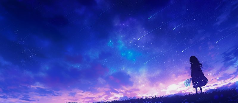 Original Characters Under a Starry Sky with Shooting Stars