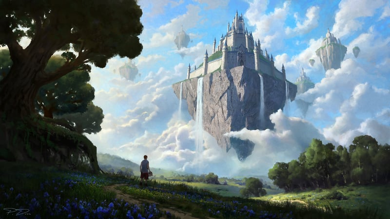 Fantasy men walk towards a floating castle