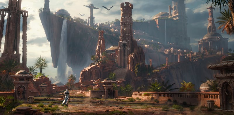 Fantasy ancient city with a waterfall and tower