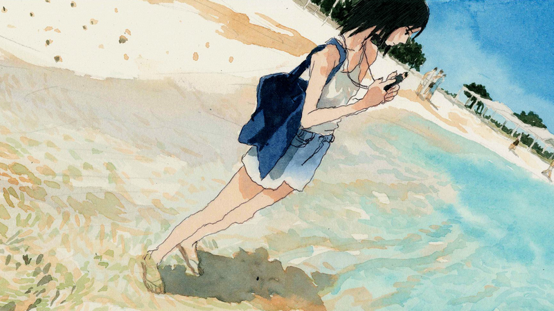 Anime girl with black hair on a beach