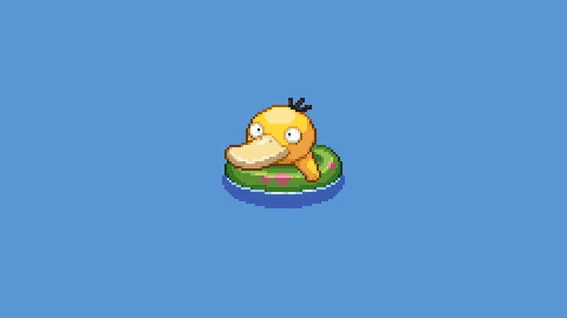 Pokémon Psyduck floats on a green inflatable ring