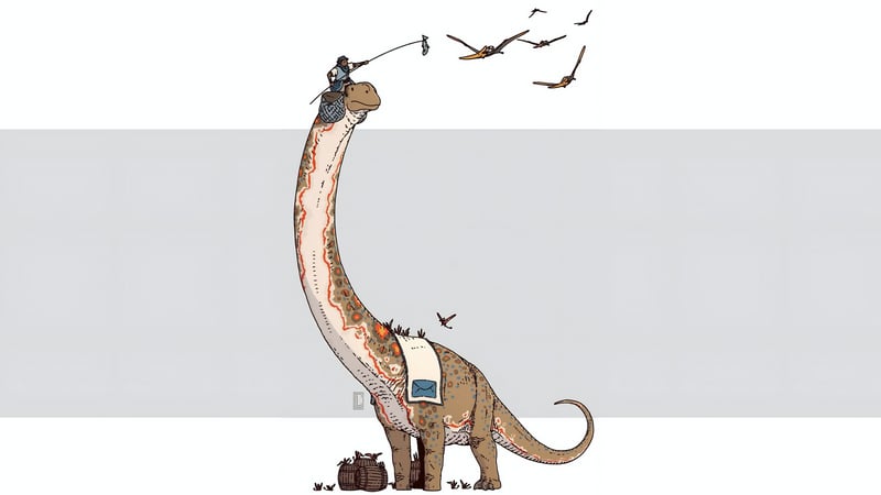 Person fishing from a Brachiosaurus with birds flying