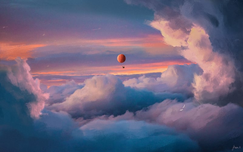 Hot air balloon flying through clouds at sunset