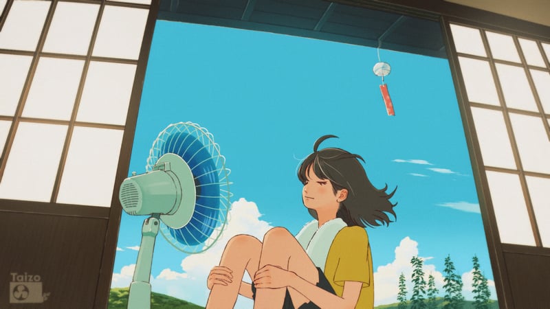 Woman sitting in front of a fan on a hot day