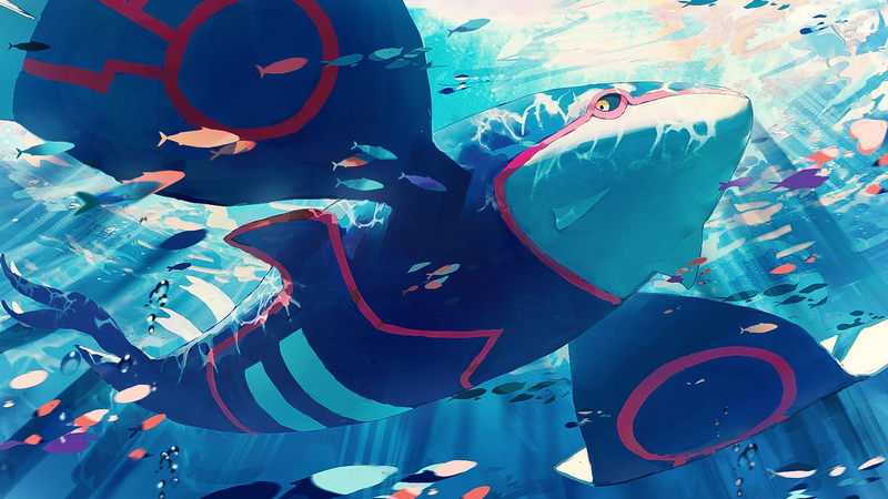Kyogre swimming underwater with fish