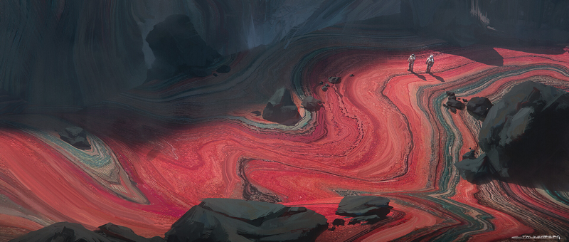 Astronauts explore a colorful, alien landscape