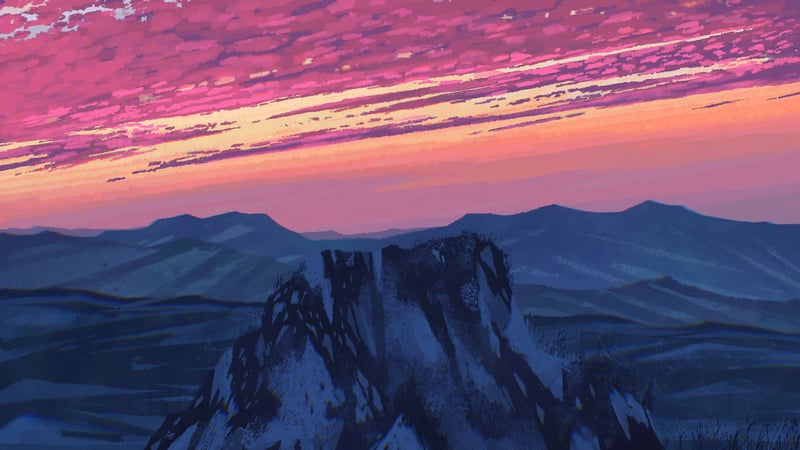 Scenery: Multi-colored sky over mountains