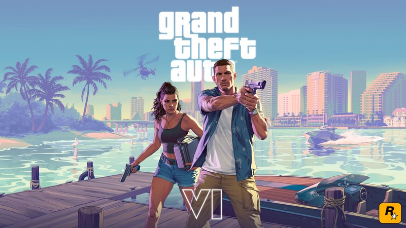Grand Theft Auto VI artwork featuring Lucia and a male character