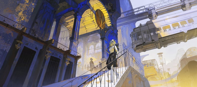 Woman on stairs in colorful, futuristic architecture