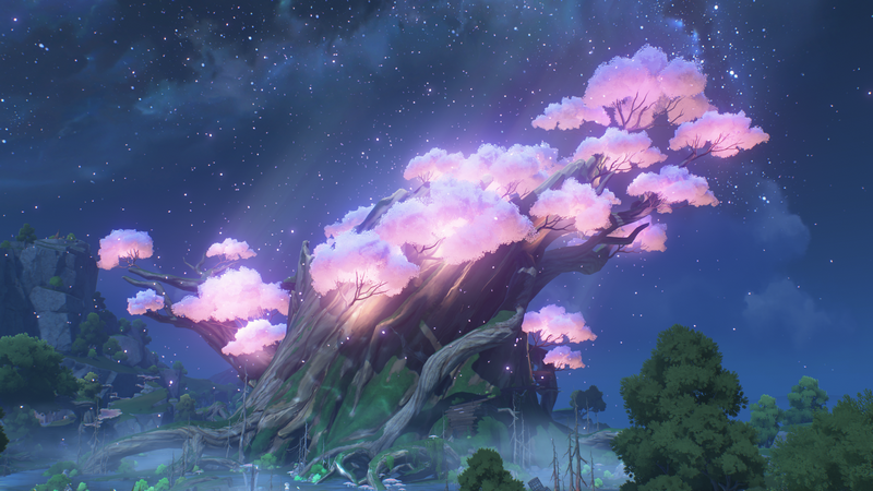 Wuthering Waves giant tree with cherry blossoms at night