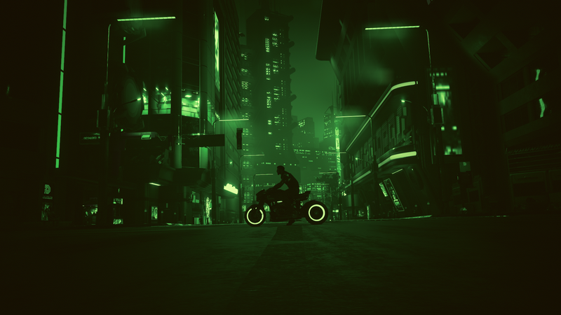 V on a sports bike in Night City