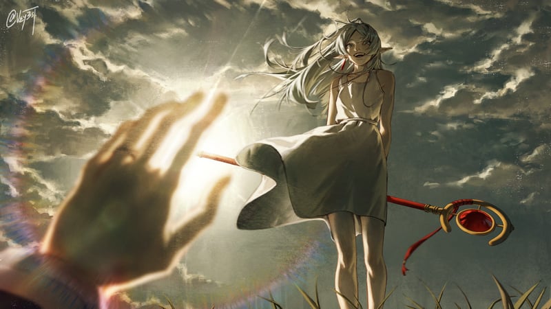 Frieren with a staff in a field under cloudy skies