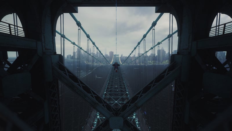 Spider-Man on a bridge overlooking New York City