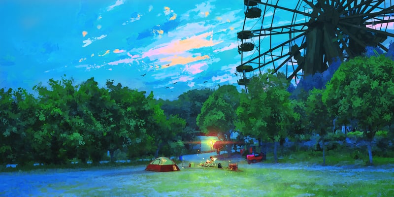 Camping at a Ferris Wheel at Sunset