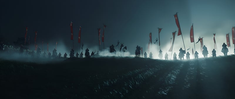 Ghost of Tsushima army with flags on horses