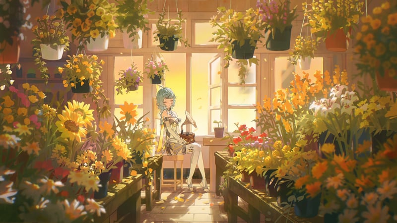 Zenless Zone Zero anime girl in a sunlit flower shop