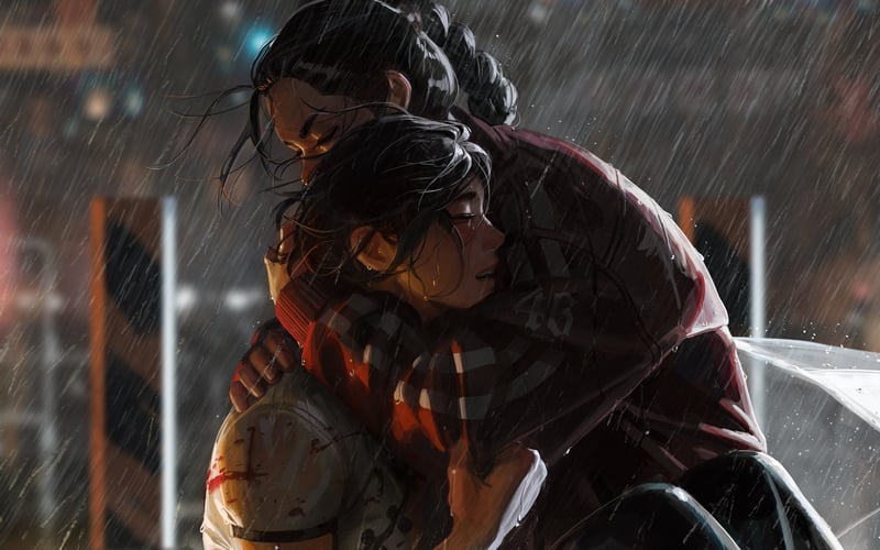Two women embracing in the rain