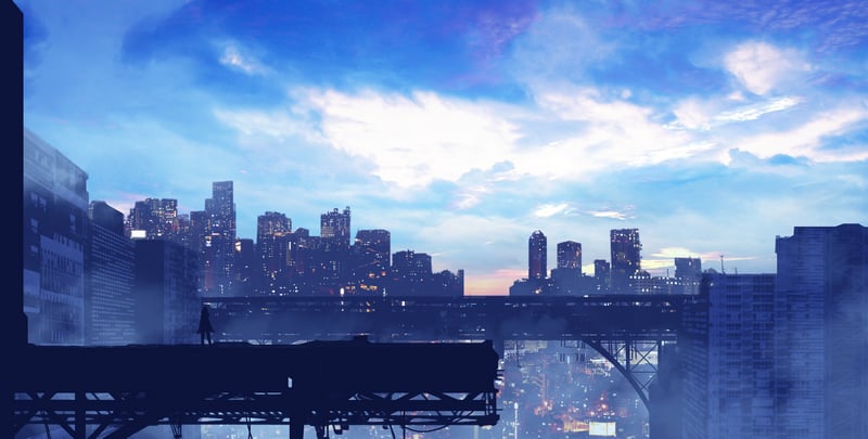 Futuristic cityscape with a lone figure on a rooftop