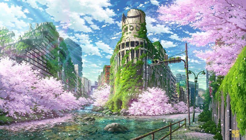 Abandoned Cityscape with Cherry Blossoms and River