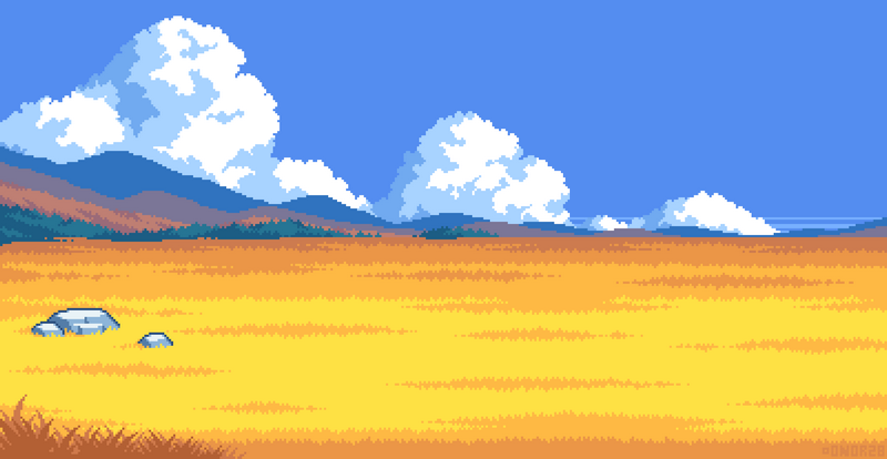 Scenery of a grassy plain with mountains and clouds