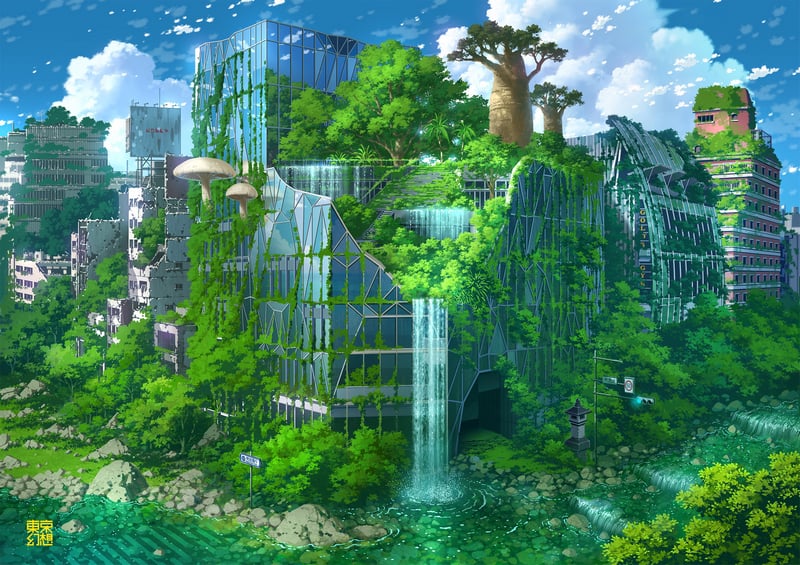 Futuristic overgrown city ruins with waterfalls