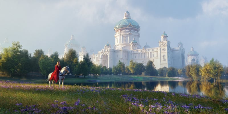 Woman in red on horseback near a grand palace