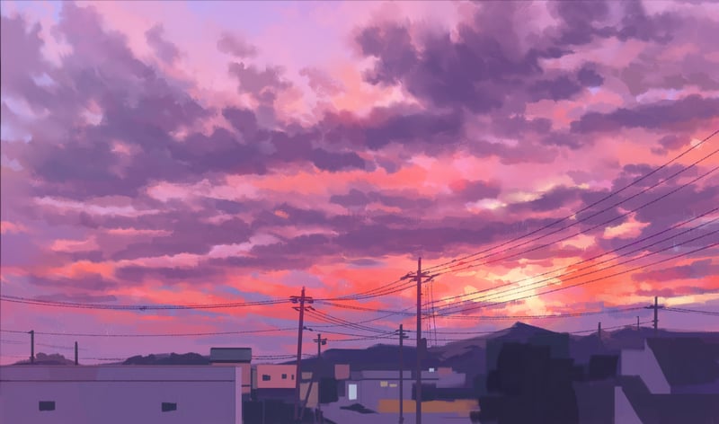 Anime cityscape at sunset with purple and pink clouds