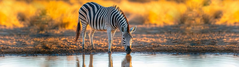 Zebra drinking water at sunset