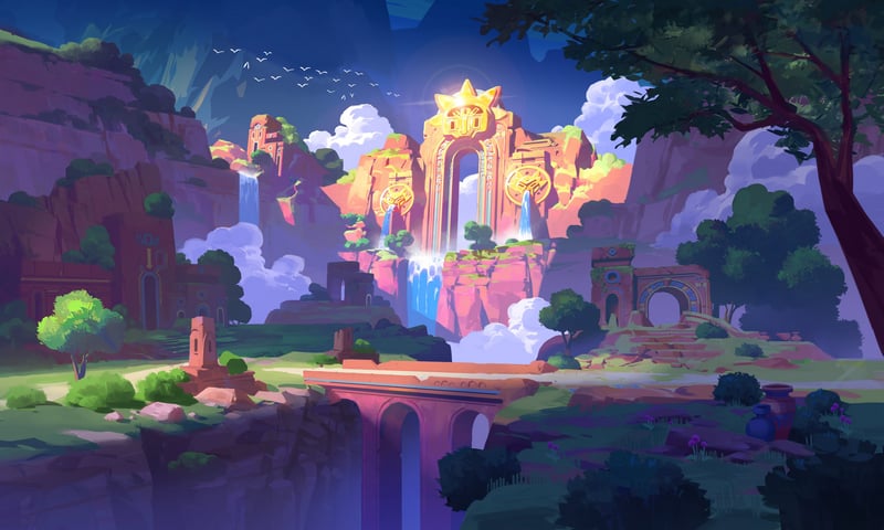 Video game art scenery of a sunlit ancient temple