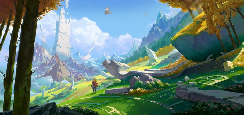 A lone figure stands in a vast, alien landscape with ancient ruins.