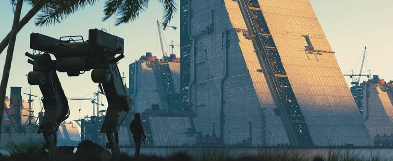 Man and robot near a large futuristic building under construction