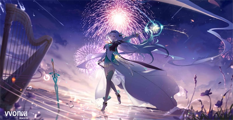 Firefly (Honkai: Star Rail) with Fireworks and Harp