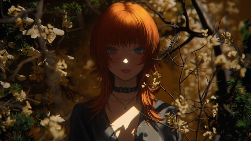 Anime girl with orange hair in a forest