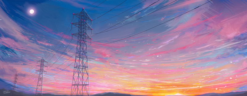 Electricity tower against a colorful sunset sky