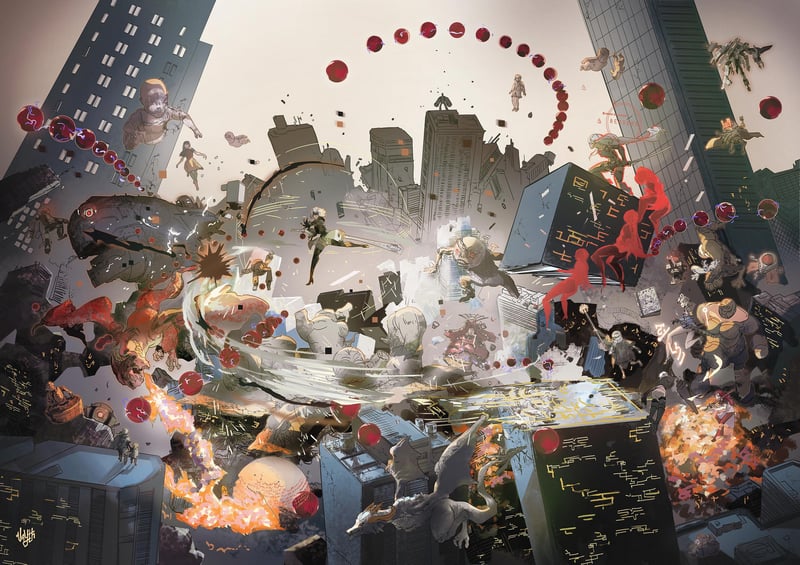 Nier: Automata characters in a chaotic city battle