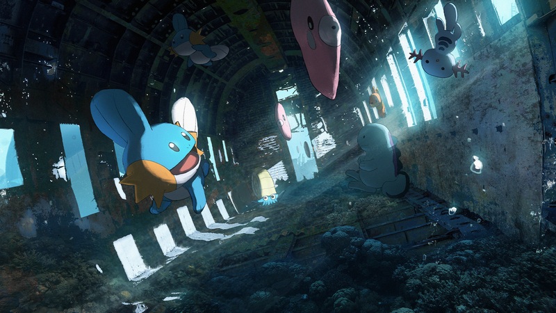 Pokémon swimming in a sunken structure