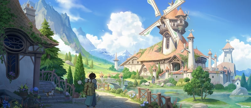Person with backpack walks towards a windmill village