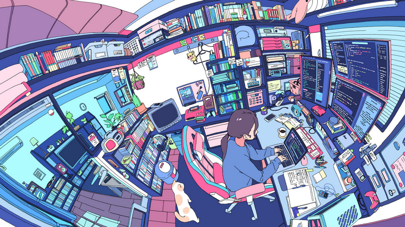 Books and a girl programming in a room with a cat