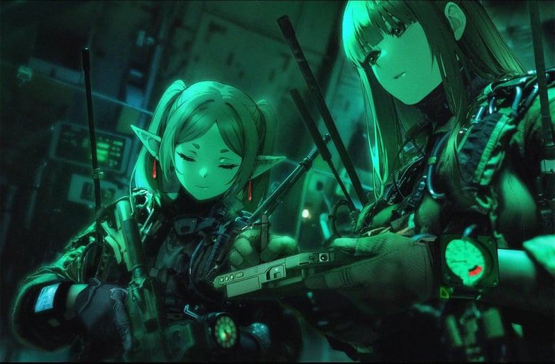 Frieren and Fern in a dark, green-lit interior