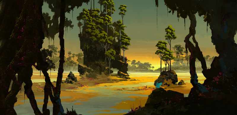 Scenery of a swampy forest with a small blue creature