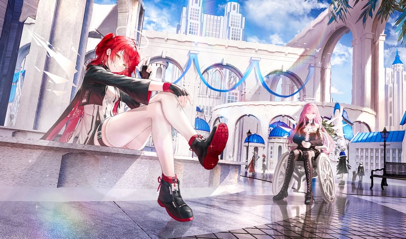 Arknights: Exusiai and Lemuen in an outdoor courtyard