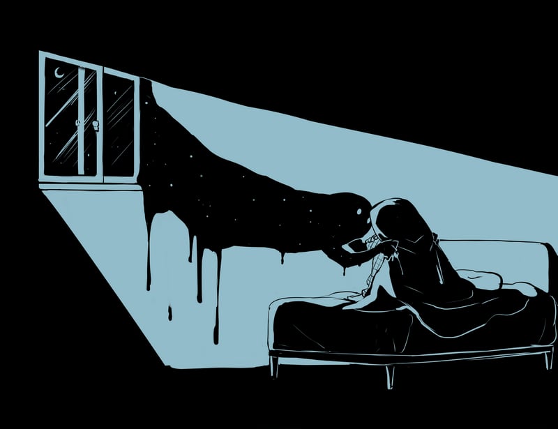 Creature emerging from a window into a bedroom
