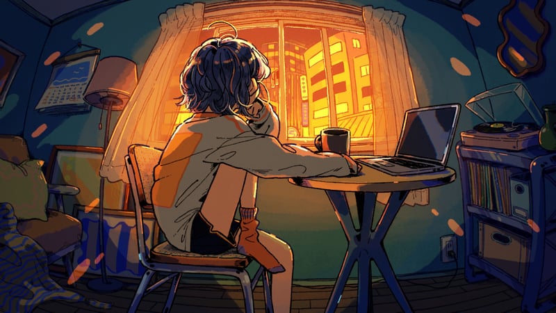 Woman sitting at a table with a laptop by the window