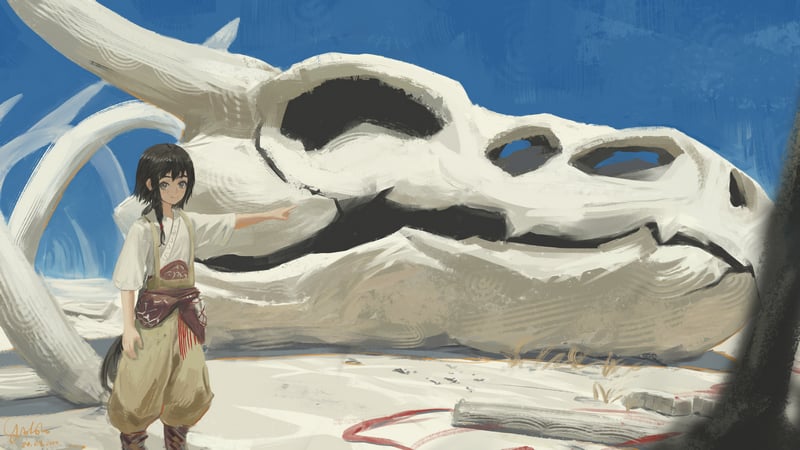 Anime girl pointing at a giant dragon skull in a desert