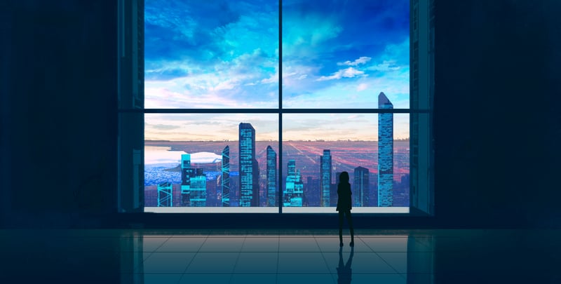 Woman silhouetted against a futuristic city skyline through a window