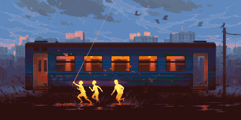 Children flying kites near a train at dusk