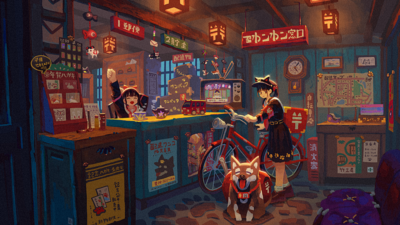 Anime girls with Shiba Inu and bicycle in Japanese shop