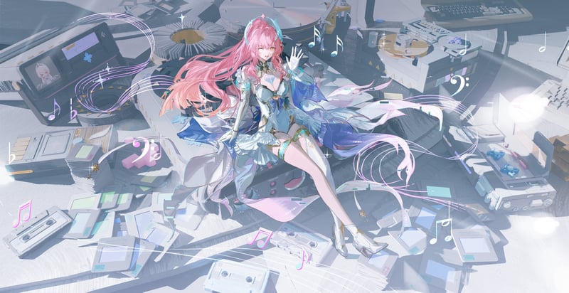 Aemeath from Wuthering Waves with musical notes and cassettes