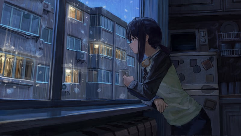 Anime girl with cup looking out window at snow