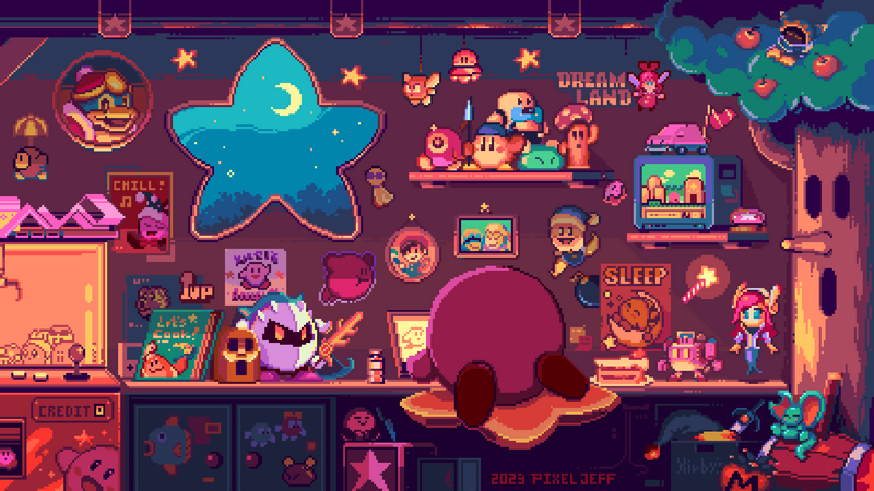 Kirby and friends in a pixel art room
